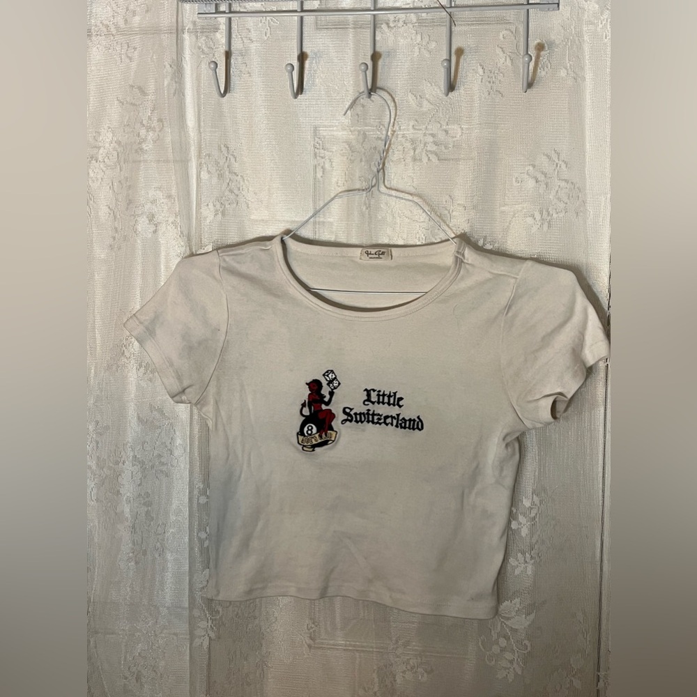 Brandy Melville, “Little Switzerland” white tee, OS
